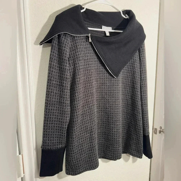 SCAPA Lauren Perre Gray Waffle Knit Pullover Asymmetric Zip Collar Womens Sz M - Picture 2 of 8